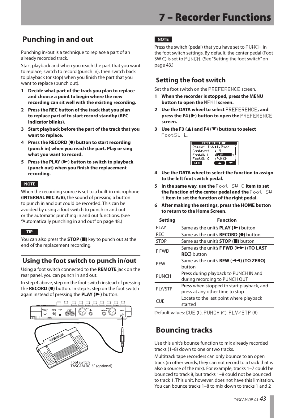 7 – recorder functions, Punching in and out, Using the foot switch to punch in/out | Setting the foot switch, Bouncing tracks | Teac DP-03 User Manual | Page 43 / 92