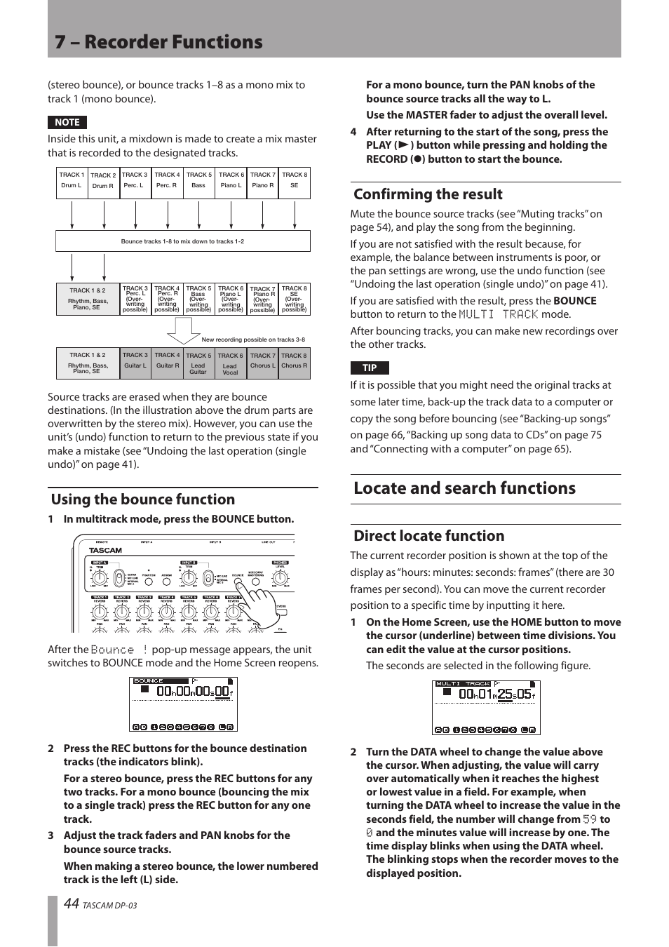 Using the bounce function, Confirming the result, Locate and search functions | Direct locate function, 7 – recorder functions | Teac DP-03 User Manual | Page 44 / 92