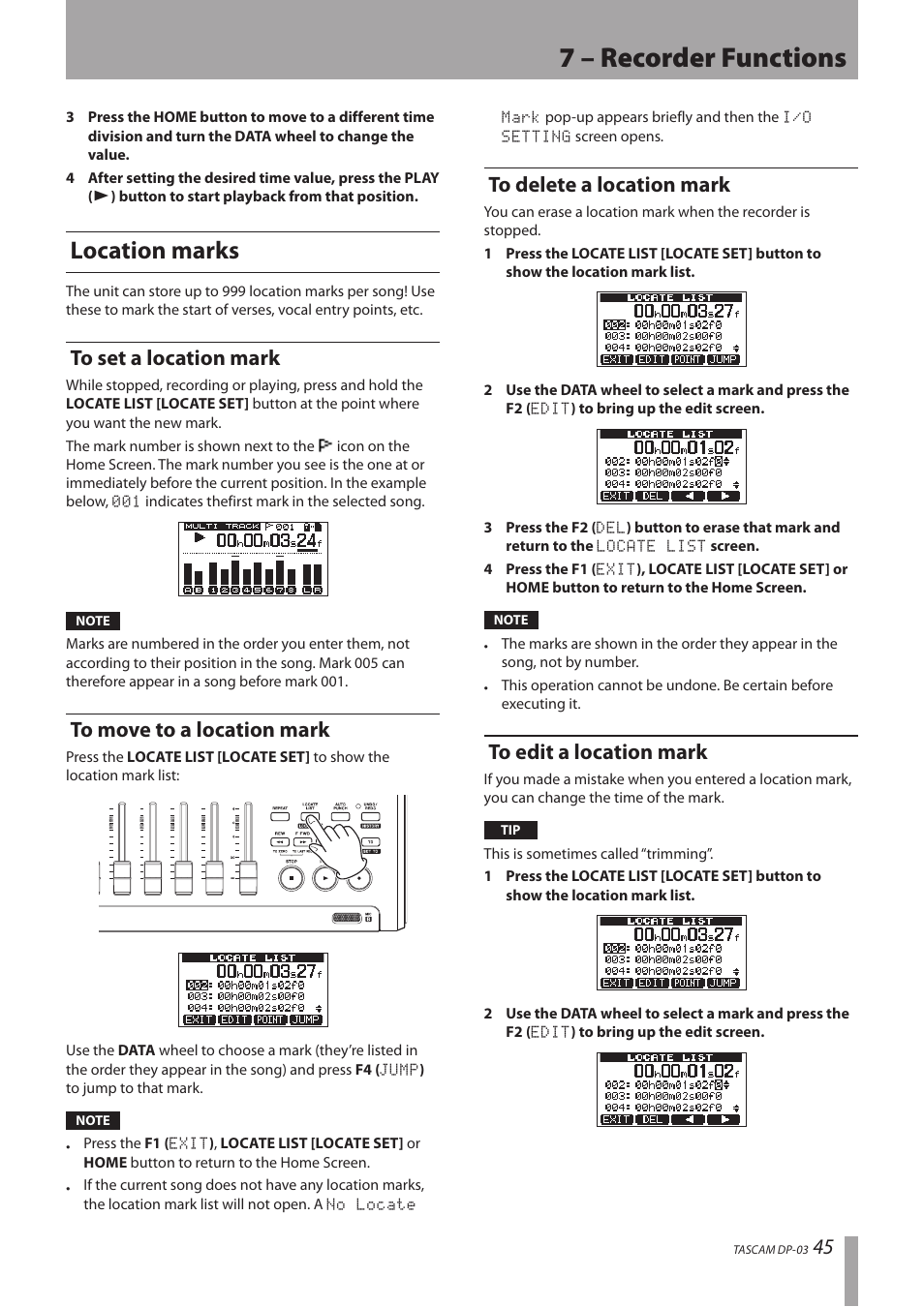 Location marks, To set a location mark, To move to a location mark | To delete a location mark, To edit a location mark, 7 – recorder functions | Teac DP-03 User Manual | Page 45 / 92