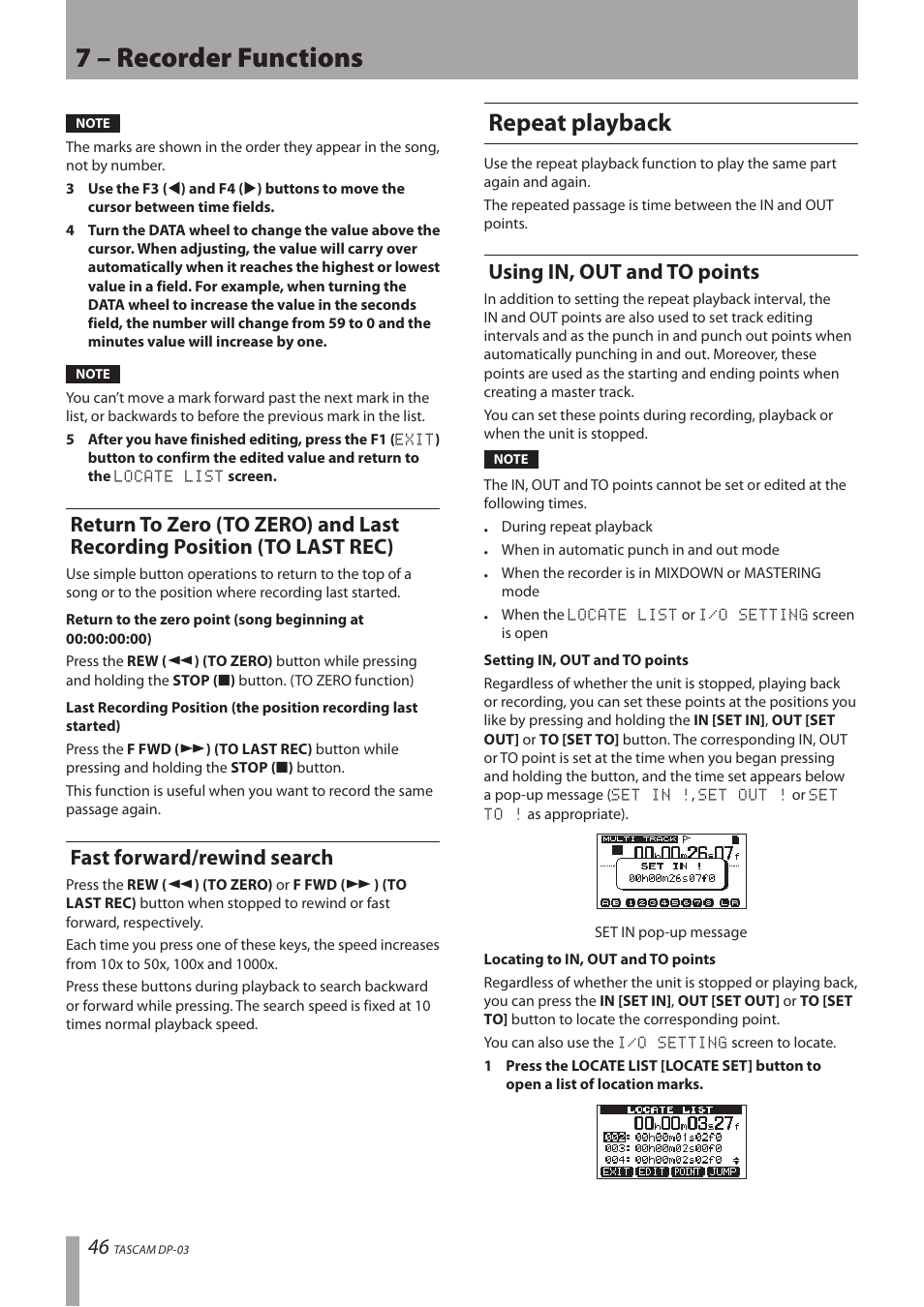 Fast forward/rewind search, Repeat playback, Using in, out and to points | Return to zero (to zero) and last recording, Position (to last rec) fast forward/rewind search, 7 – recorder functions | Teac DP-03 User Manual | Page 46 / 92