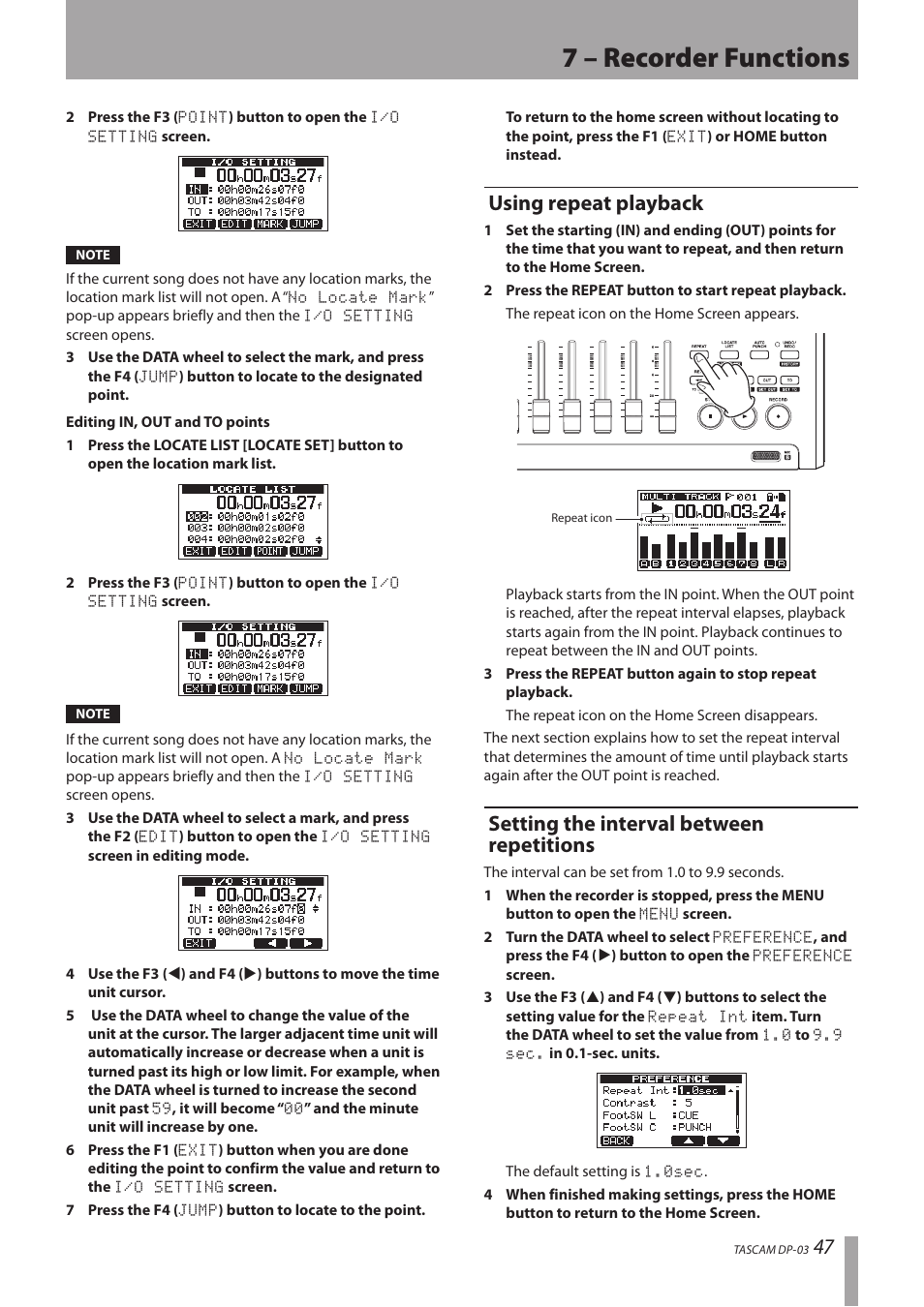 Using repeat playback, Setting the interval between repetitions, 7 – recorder functions | Teac DP-03 User Manual | Page 47 / 92