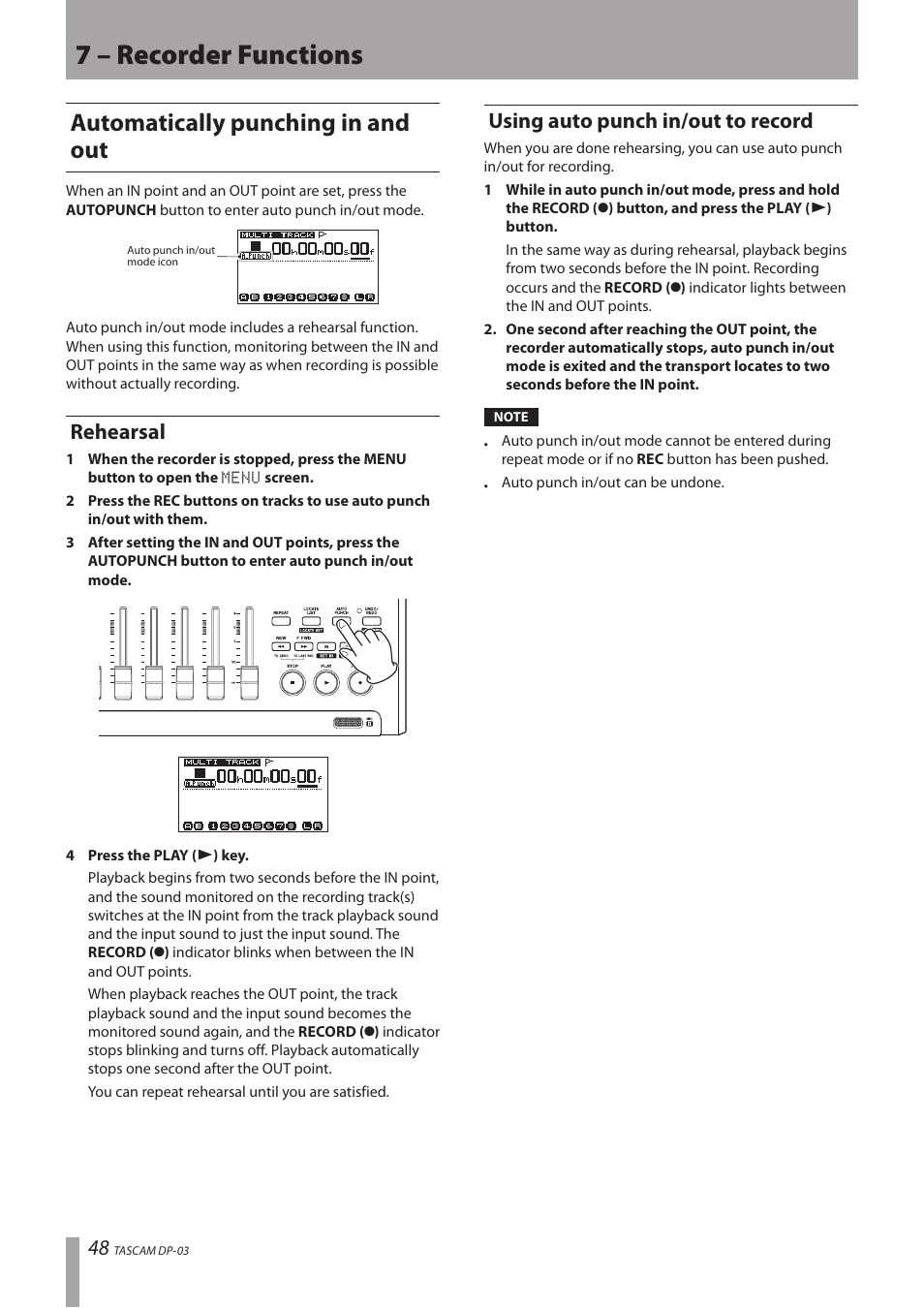 Automatically punching in and out, Rehearsal, Using auto punch in/out to record | Rehearsal using auto punch in/out to record, 7 – recorder functions | Teac DP-03 User Manual | Page 48 / 92