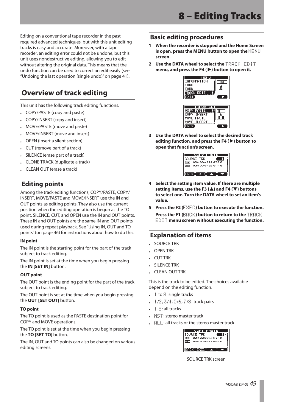 8 – editing tracks, Overview of track editing, Editing points | Basic editing procedures, Explanation of items | Teac DP-03 User Manual | Page 49 / 92