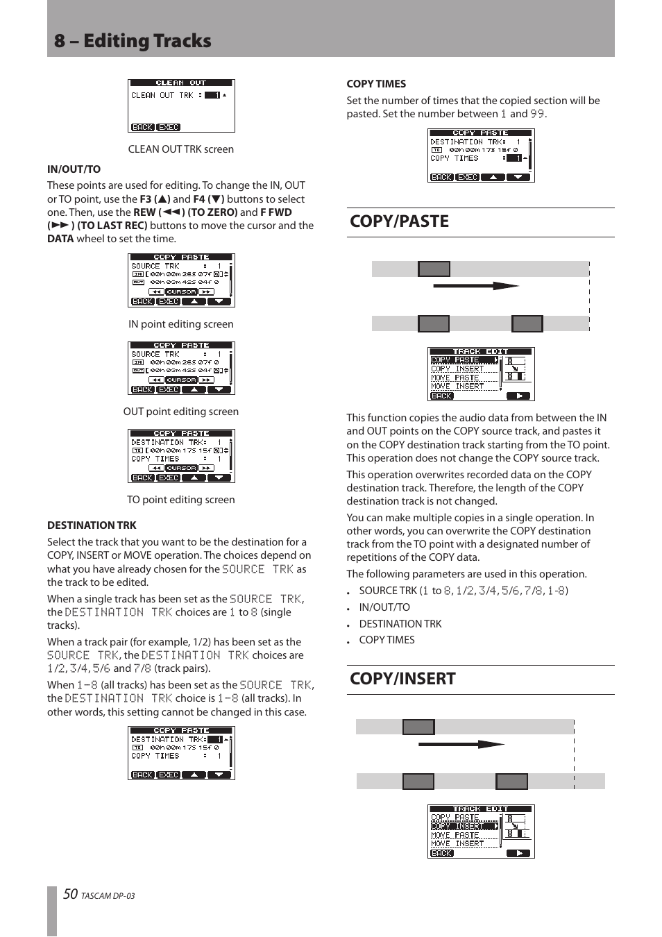 Copy/paste, Copy/insert, Copy/paste copy/insert | 8 – editing tracks | Teac DP-03 User Manual | Page 50 / 92