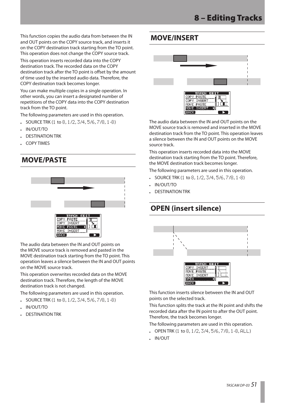 Move/paste, Move/insert, Open (insert silence) | Move/paste move/insert open (insert silence), 8 – editing tracks | Teac DP-03 User Manual | Page 51 / 92