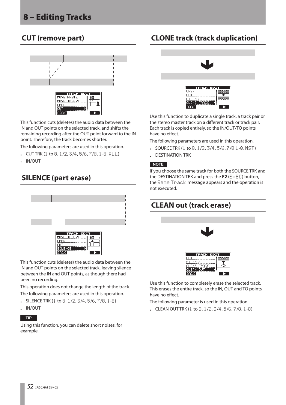 Cut (remove part), Silence (part erase), Clone track (track duplication) | Clean out (track erase), 8 – editing tracks | Teac DP-03 User Manual | Page 52 / 92