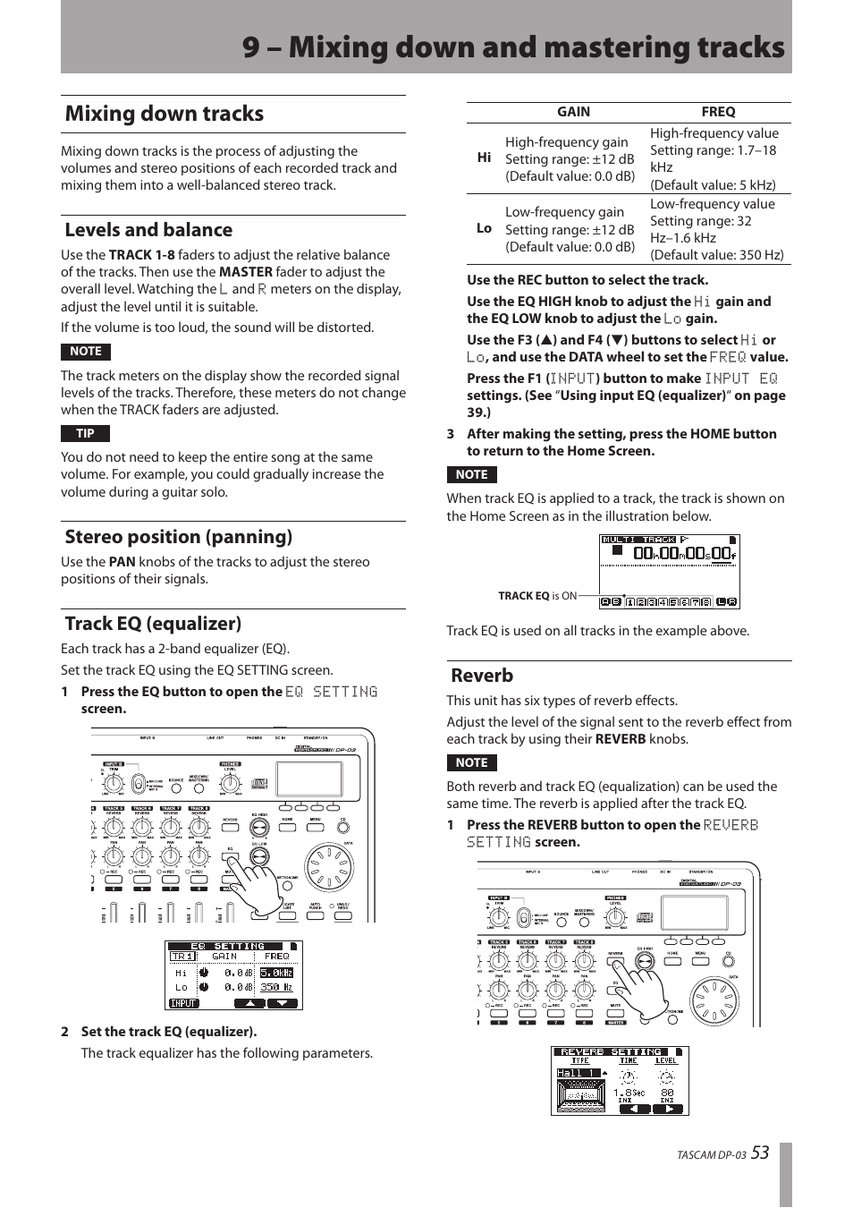 9 – mixing down and mastering tracks, Mixing down tracks, Levels and balance | Stereo position (panning), Track eq (equalizer), Reverb | Teac DP-03 User Manual | Page 53 / 92