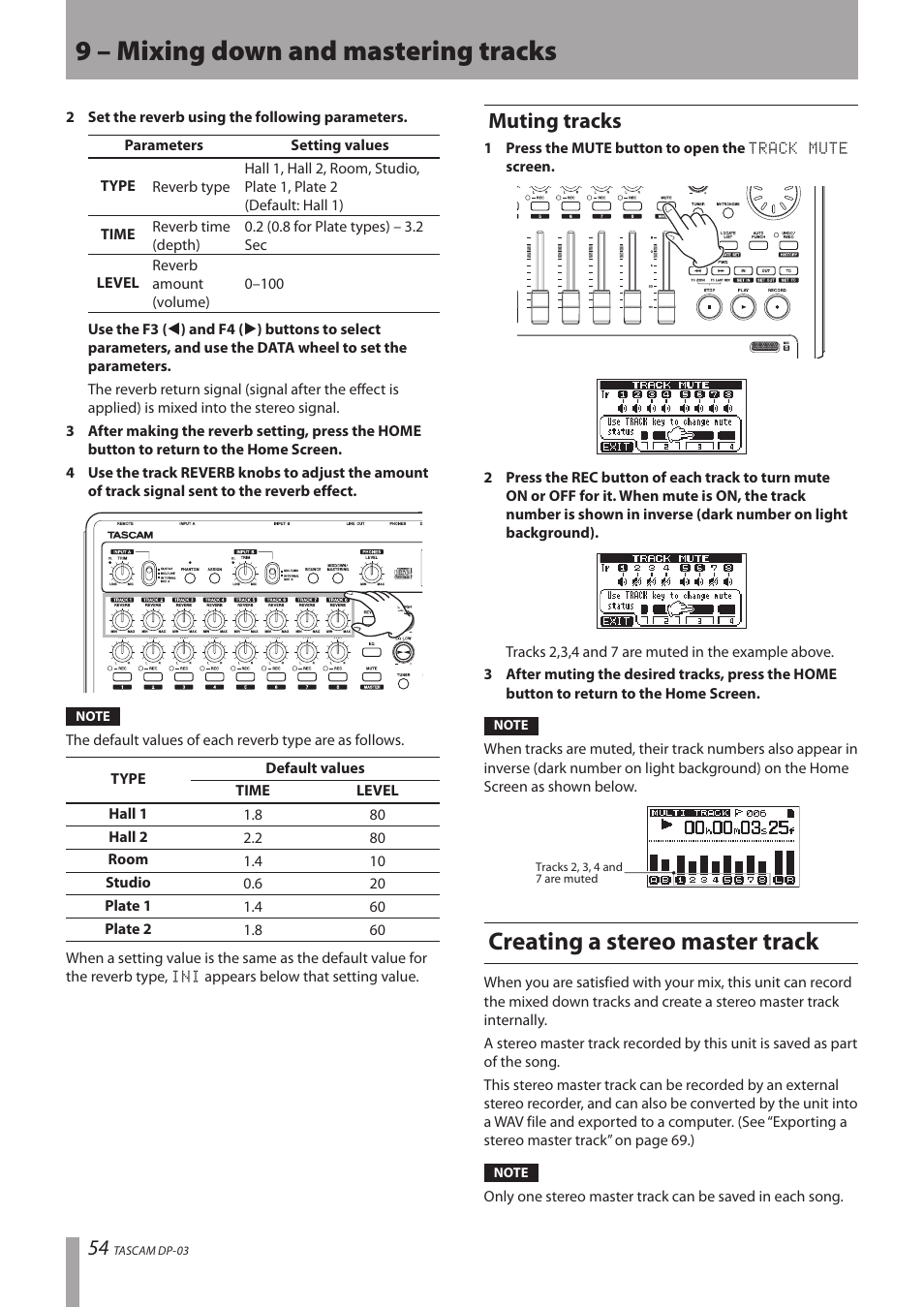 Muting tracks, Creating a stereo master track, 9 – mixing down and mastering tracks | Teac DP-03 User Manual | Page 54 / 92
