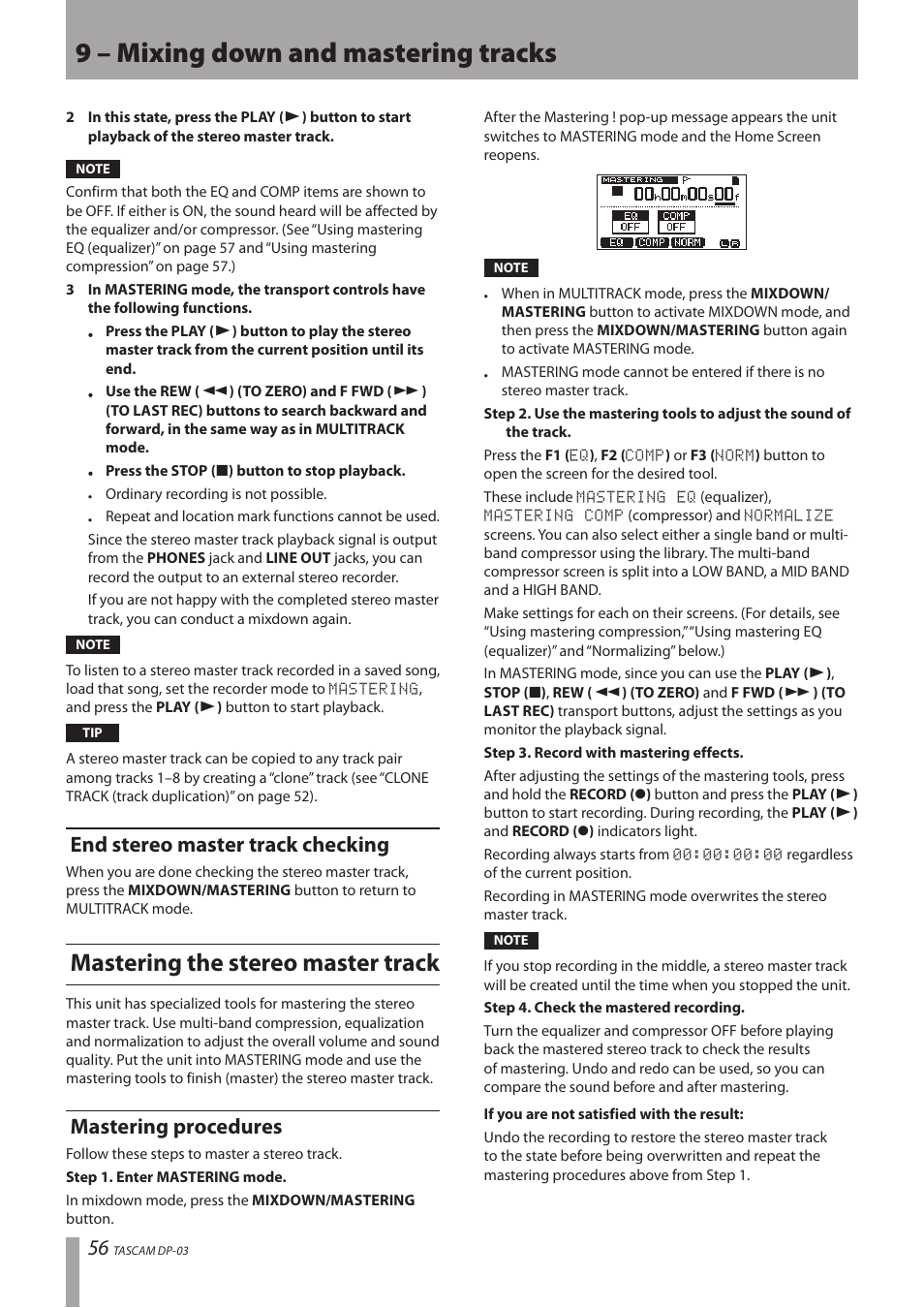 End stereo master track checking, Mastering the stereo master track, Mastering procedures | 9 – mixing down and mastering tracks | Teac DP-03 User Manual | Page 56 / 92