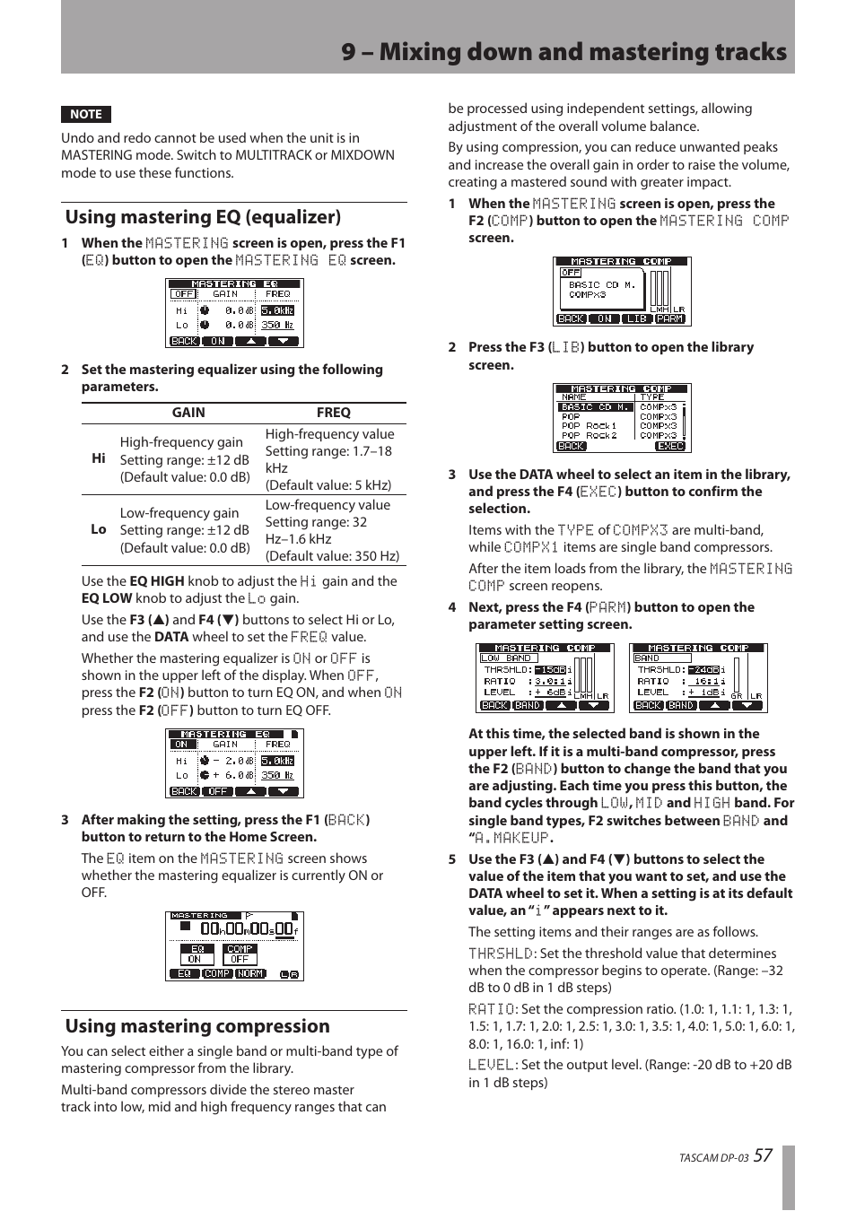 Using mastering eq (equalizer), Using mastering compression, 9 – mixing down and mastering tracks | Teac DP-03 User Manual | Page 57 / 92