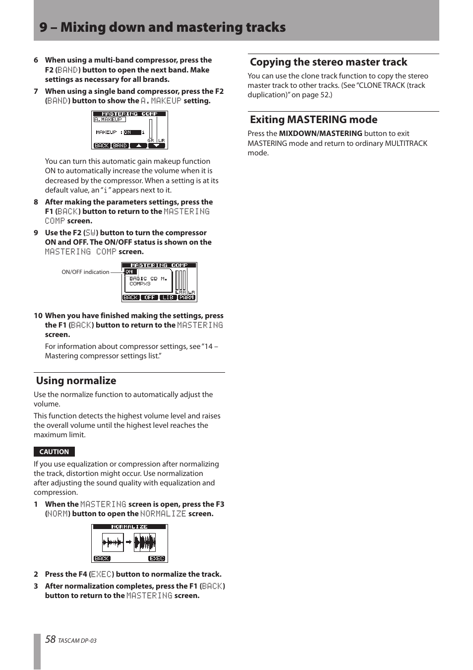 Using normalize, Copying the stereo master track, Exiting mastering mode | 9 – mixing down and mastering tracks | Teac DP-03 User Manual | Page 58 / 92