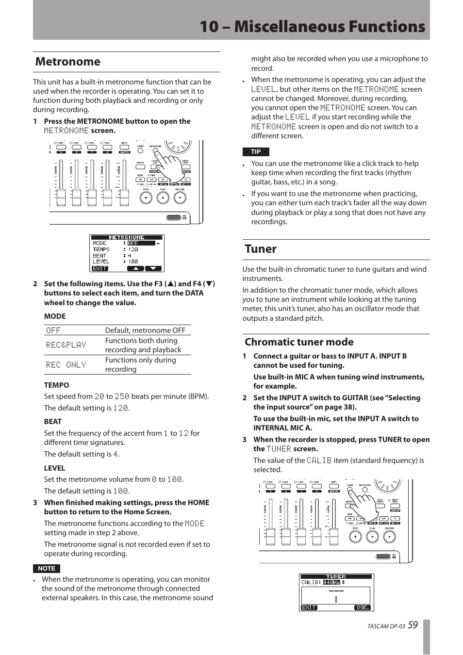 10 – miscellaneous functions, Metronome, Tuner | Chromatic tuner mode, Metronome tuner | Teac DP-03 User Manual | Page 59 / 92