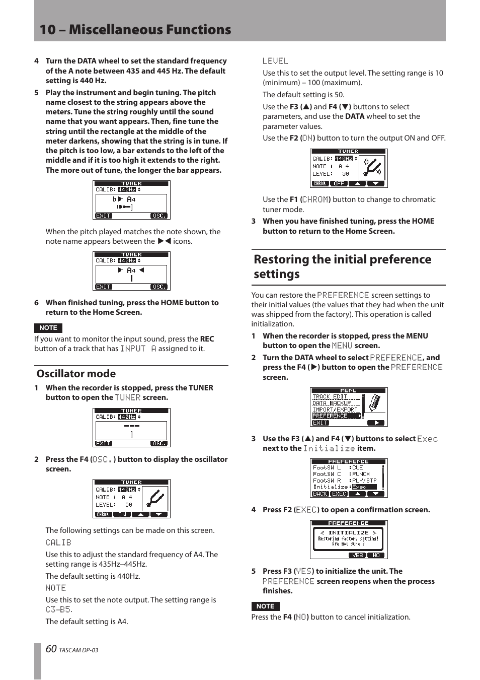 Oscillator mode, Restoring the initial preference settings, 10 – miscellaneous functions | Teac DP-03 User Manual | Page 60 / 92