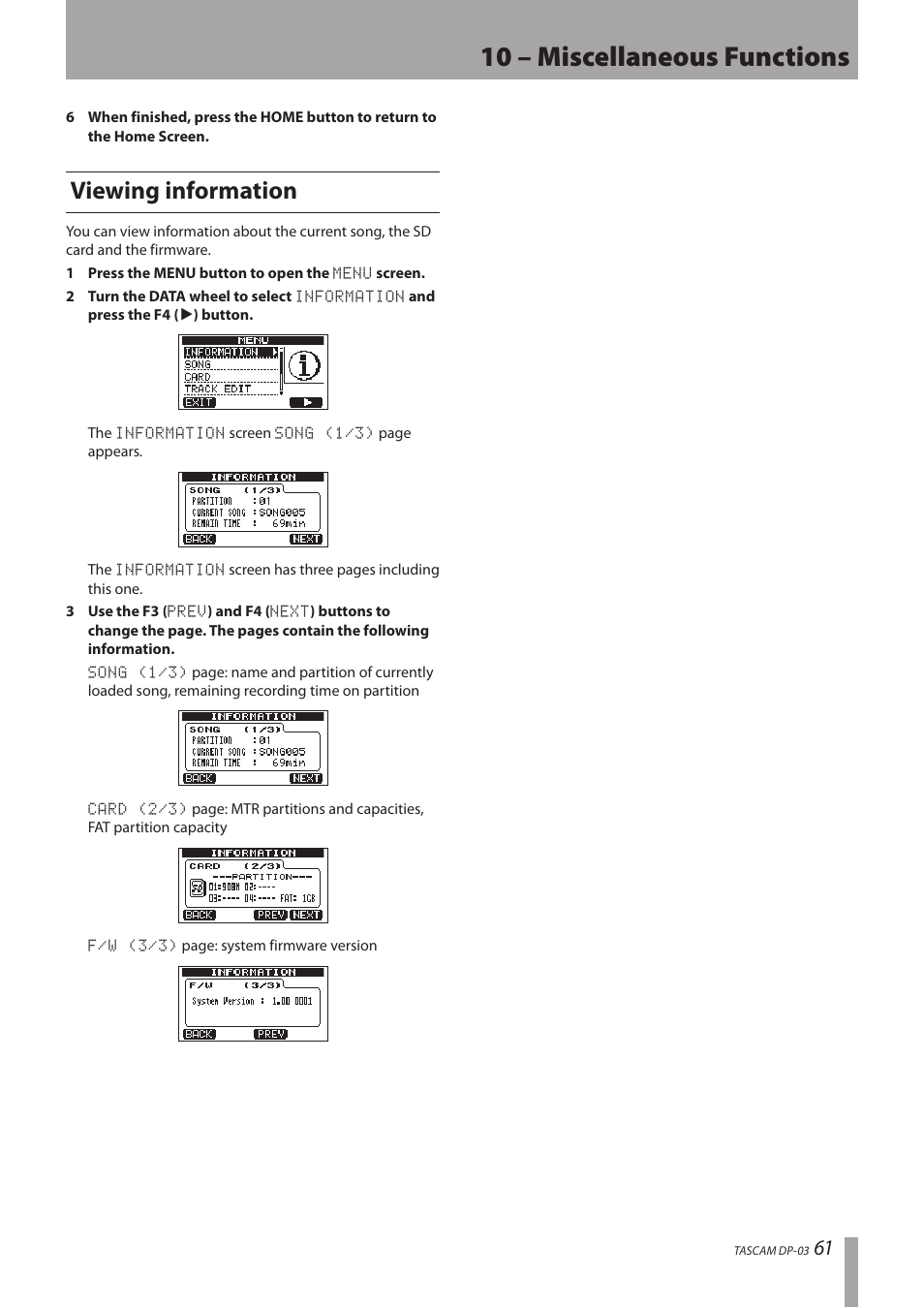 Viewing information, 10 – miscellaneous functions | Teac DP-03 User Manual | Page 61 / 92