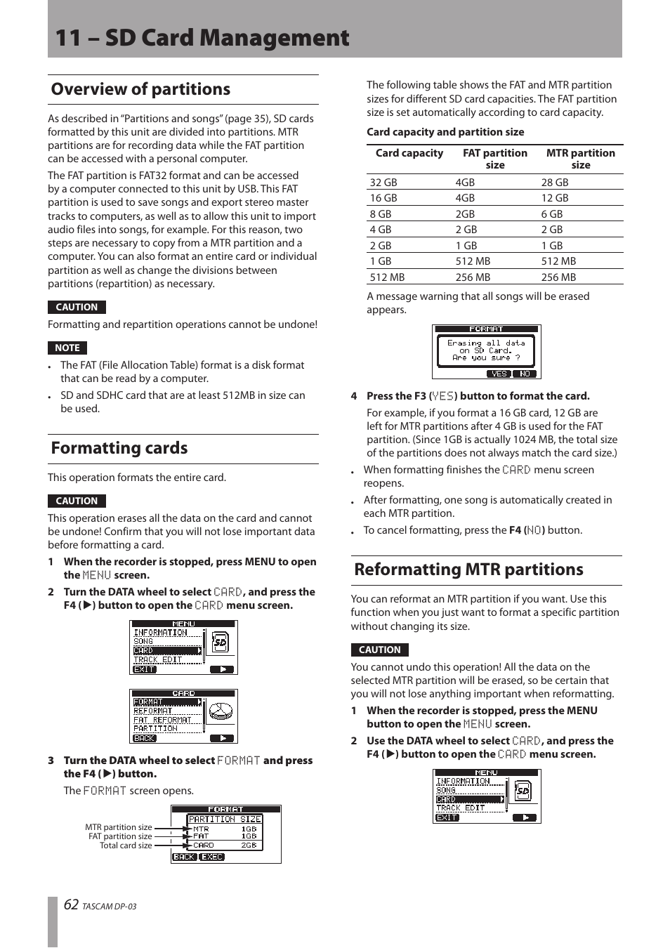 11 – sd card management, Overview of partitions, Formatting cards | Reformatting mtr partitions | Teac DP-03 User Manual | Page 62 / 92