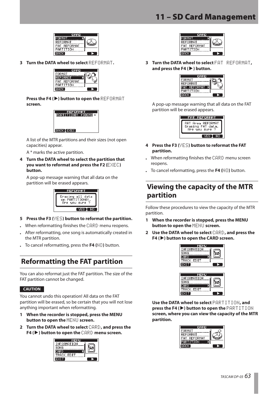 Reformatting the fat partition, Viewing the capacity of the mtr partition, 11 – sd card management | Teac DP-03 User Manual | Page 63 / 92