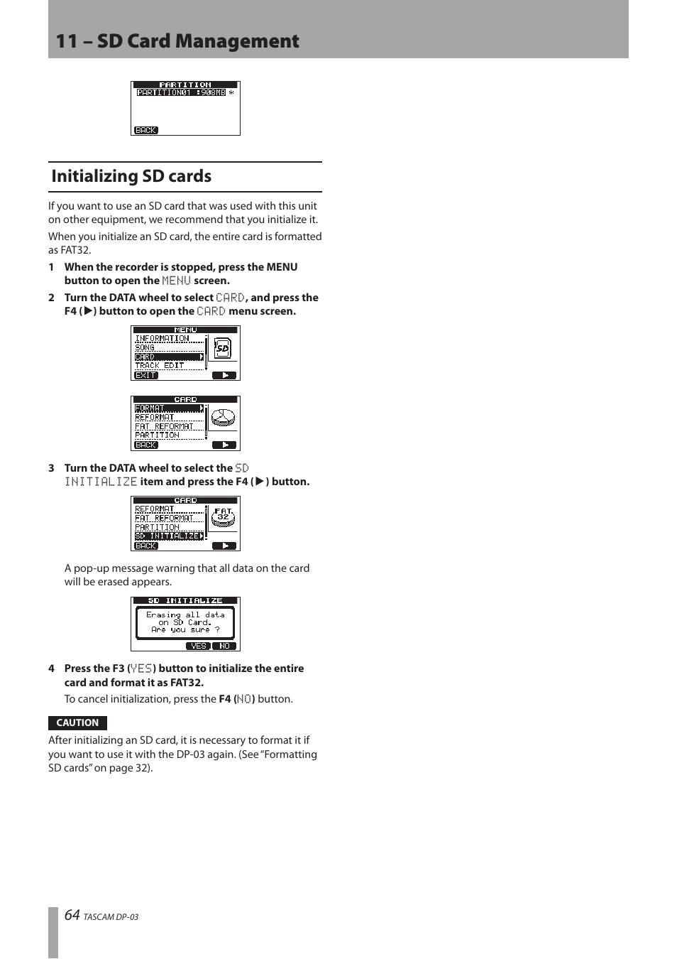 Initializing sd cards, 11 – sd card management | Teac DP-03 User Manual | Page 64 / 92