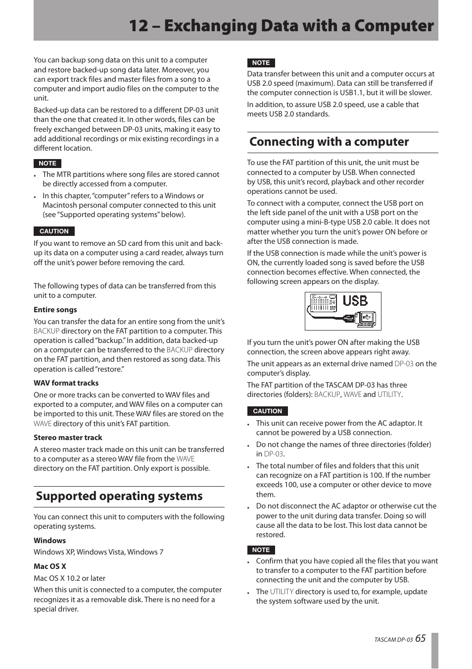 12 – exchanging data with a computer, Supported operating systems, Connecting with a computer | Teac DP-03 User Manual | Page 65 / 92