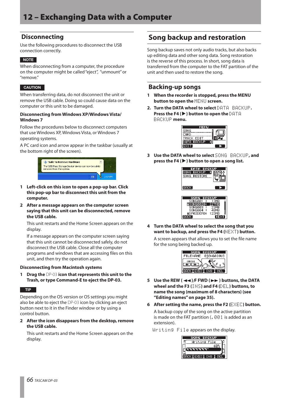 Disconnecting, Song backup and restoration, Backing-up songs | 12 – exchanging data with a computer | Teac DP-03 User Manual | Page 66 / 92