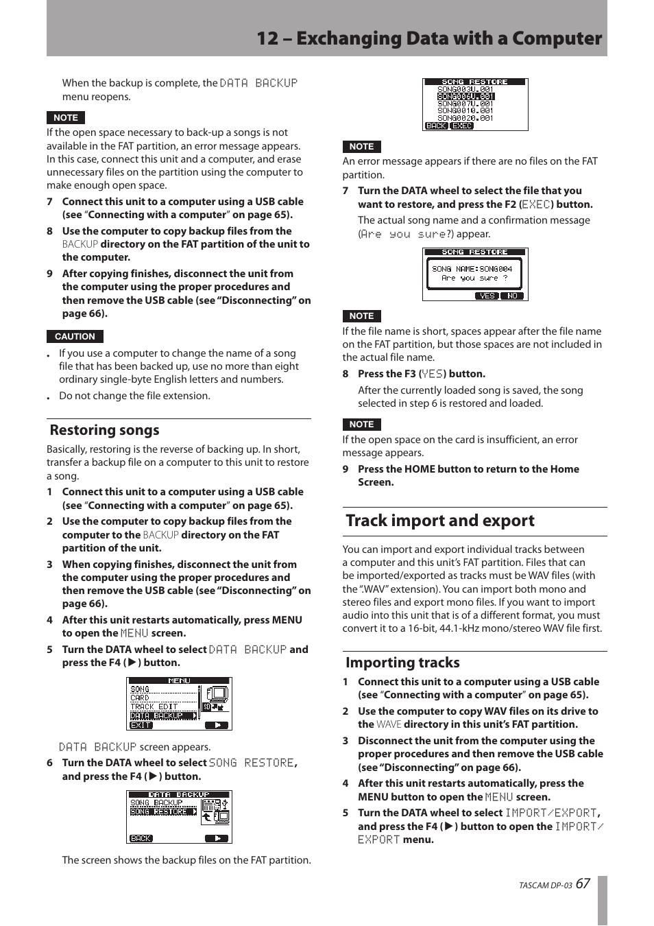 Restoring songs, Track import and export, Importing tracks | 12 – exchanging data with a computer | Teac DP-03 User Manual | Page 67 / 92