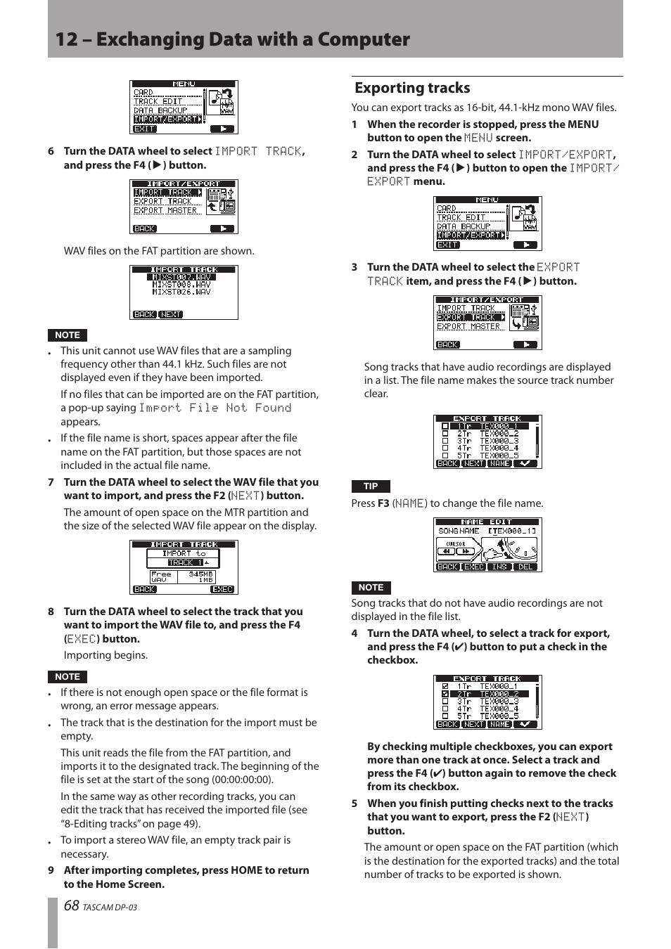 Exporting tracks, 12 – exchanging data with a computer | Teac DP-03 User Manual | Page 68 / 92