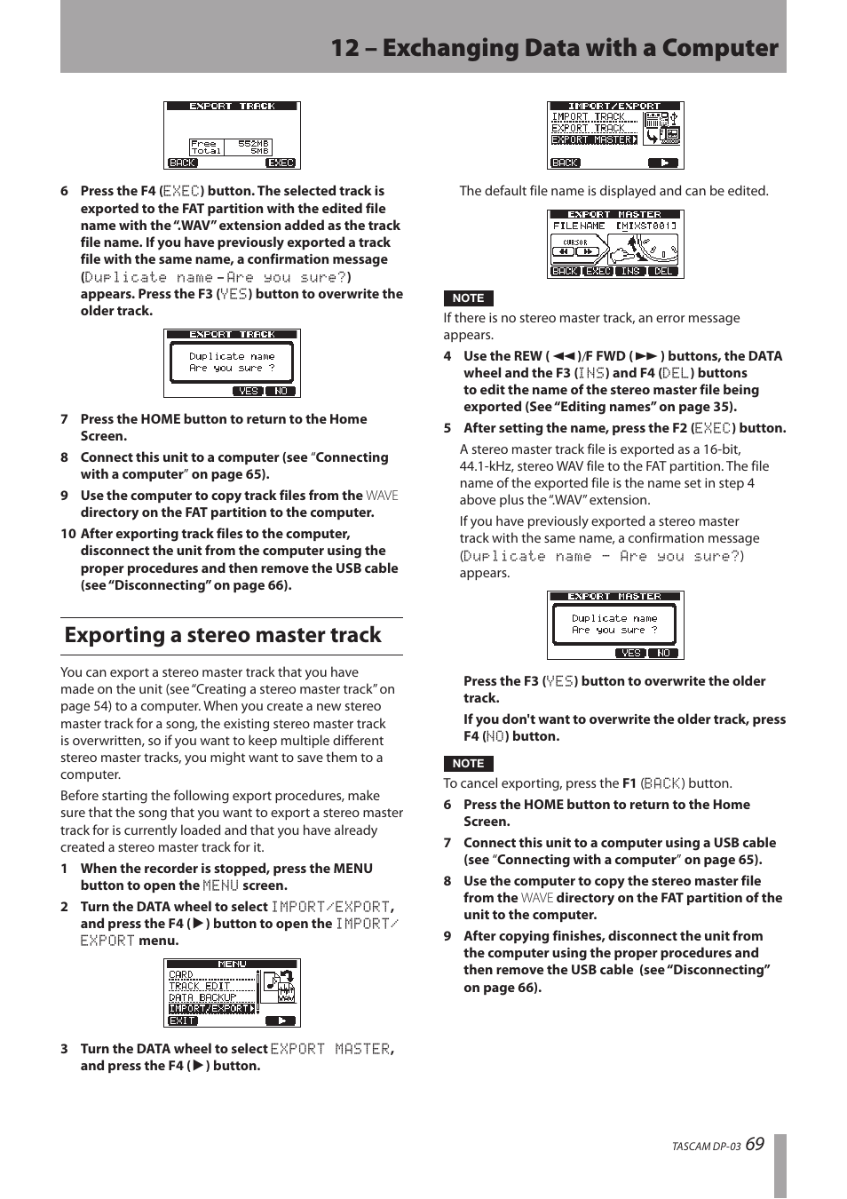 Exporting a stereo master track, 12 – exchanging data with a computer | Teac DP-03 User Manual | Page 69 / 92