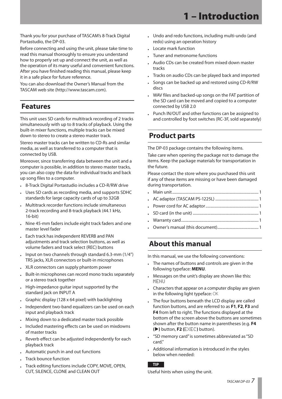 1 – introduction, Features, Product parts | About this manual, Features product parts about this manual | Teac DP-03 User Manual | Page 7 / 92