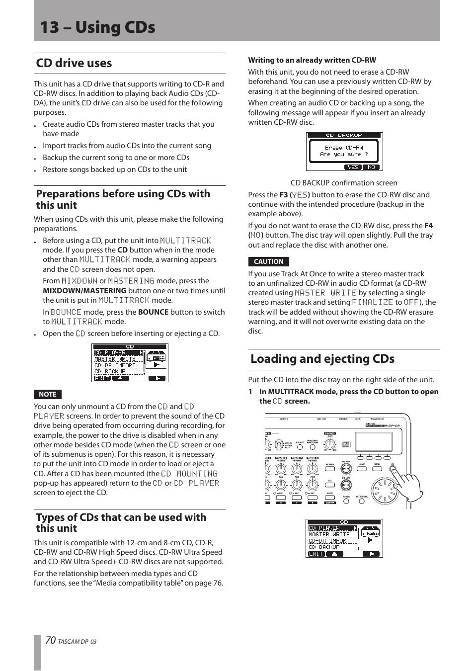 13 – using cds, Cd drive uses, Preparations before using cds with this unit | Types of cds that can be used with this unit, Loading and ejecting cds | Teac DP-03 User Manual | Page 70 / 92