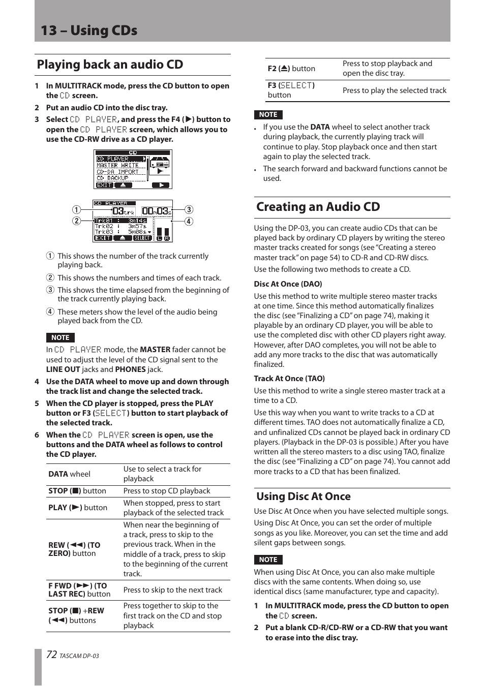 Playing back an audio cd, Creating an audio cd, Using disc at once | Playing back an audio cd creating an audio cd, 13 – using cds | Teac DP-03 User Manual | Page 72 / 92