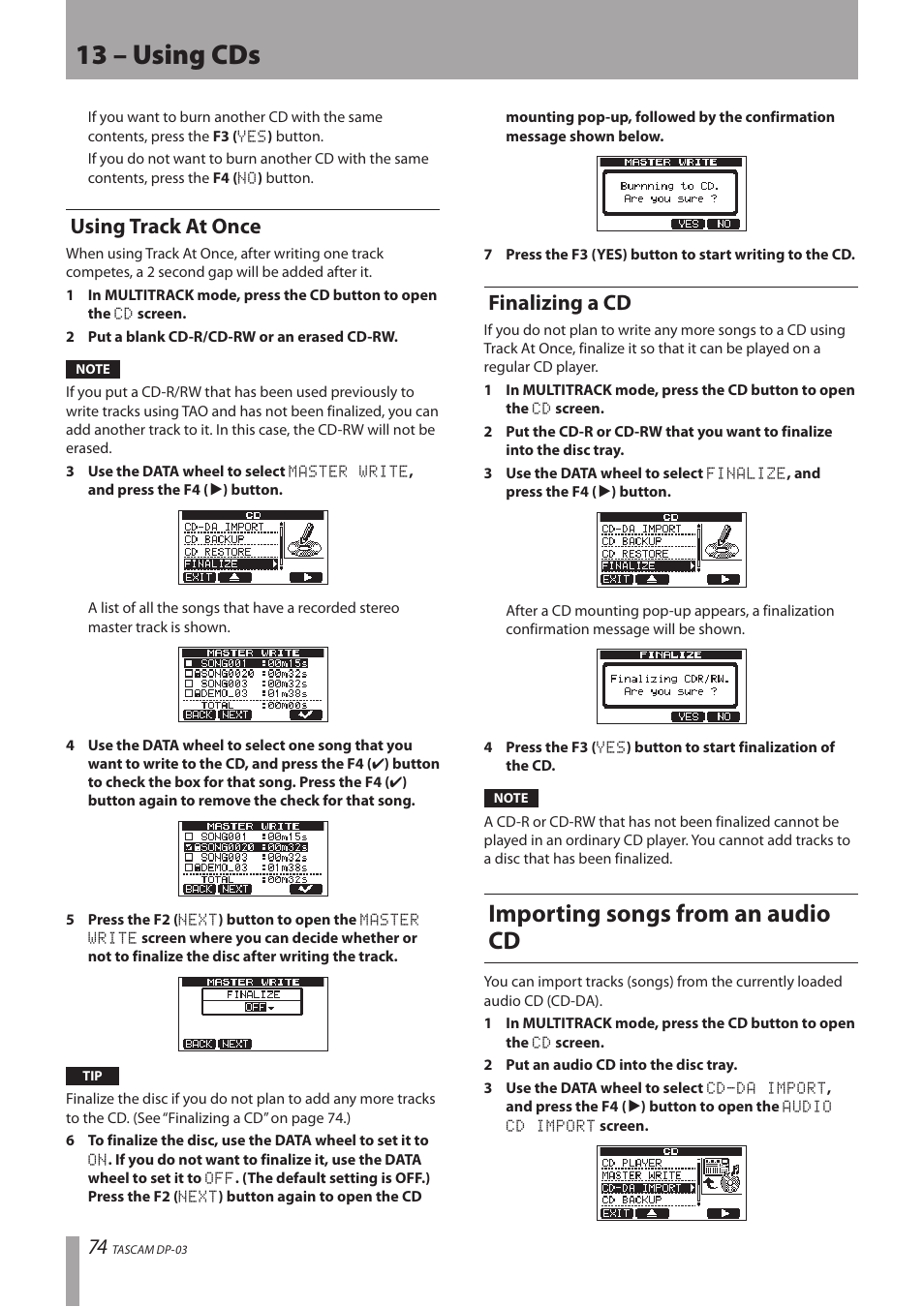 Using track at once, Finalizing a cd, Importing songs from an audio cd | Using track at once finalizing a cd, 13 – using cds | Teac DP-03 User Manual | Page 74 / 92