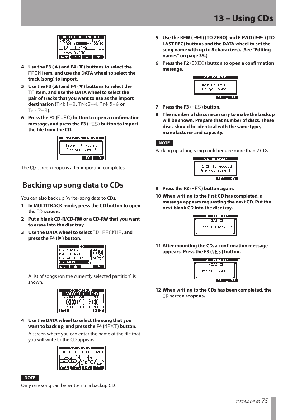 Backing up song data to cds, 13 – using cds | Teac DP-03 User Manual | Page 75 / 92