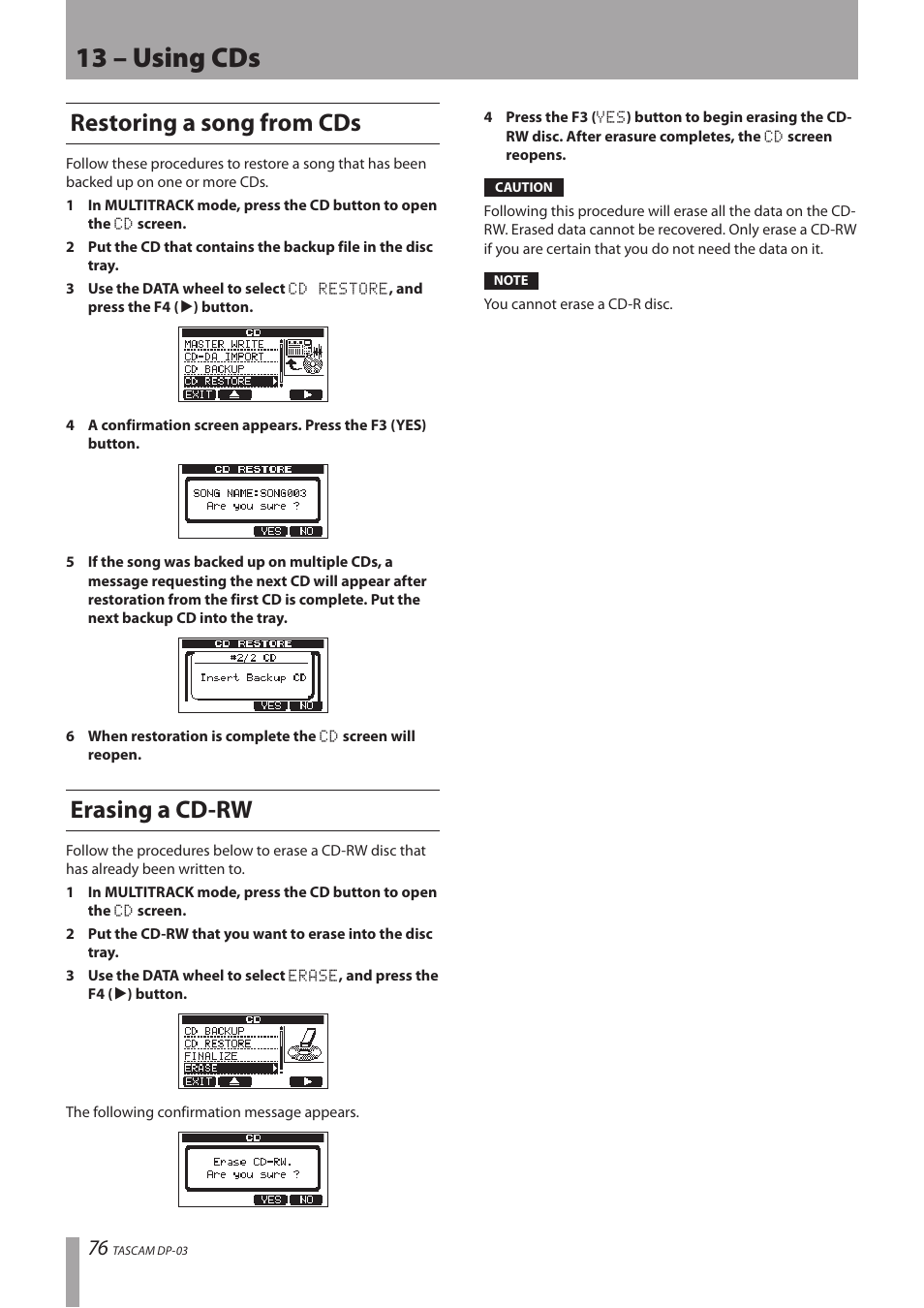 Restoring a song from cds, Erasing a cd-rw, Restoring a song from cds erasing a cd-rw | 13 – using cds | Teac DP-03 User Manual | Page 76 / 92