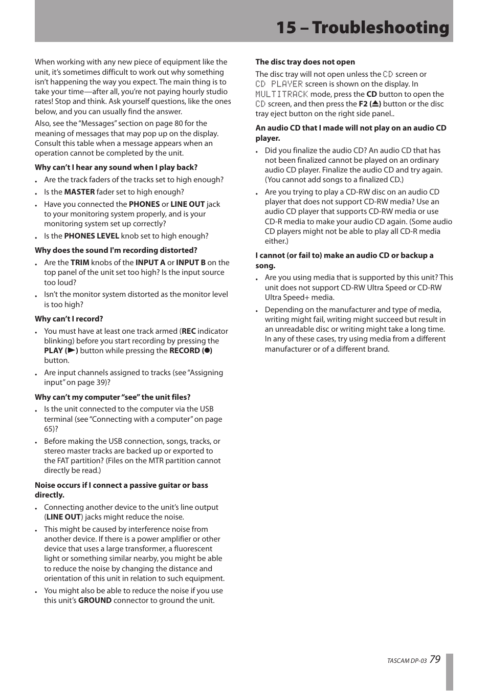 15 – troubleshooting | Teac DP-03 User Manual | Page 79 / 92