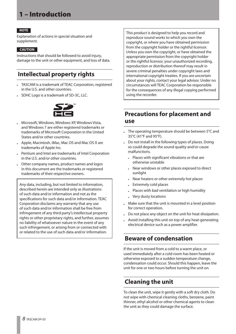 Intellectual property rights, Precautions for placement and use, Beware of condensation | Cleaning the unit, 1 – introduction | Teac DP-03 User Manual | Page 8 / 92