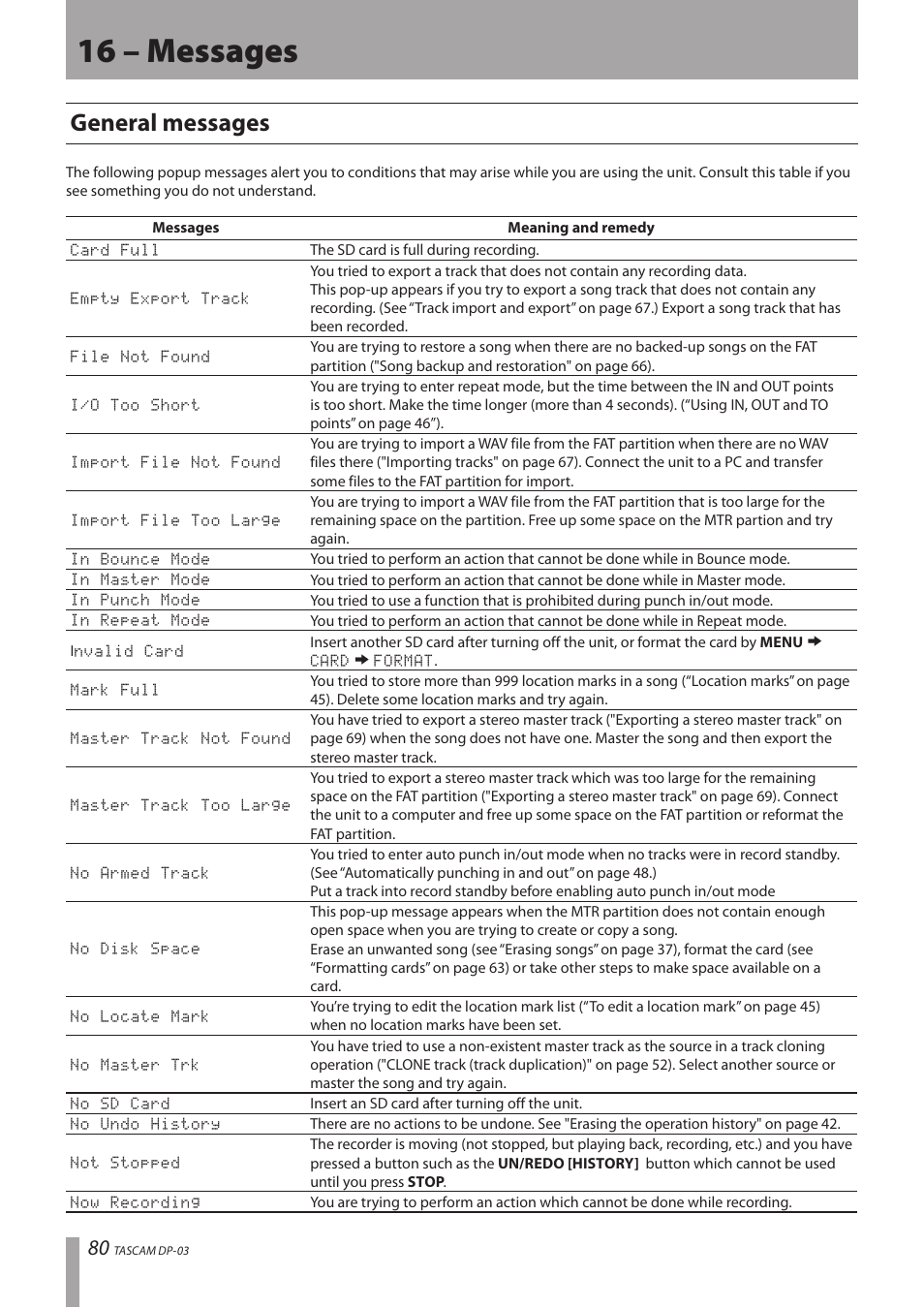 16 – messages, General messages | Teac DP-03 User Manual | Page 80 / 92