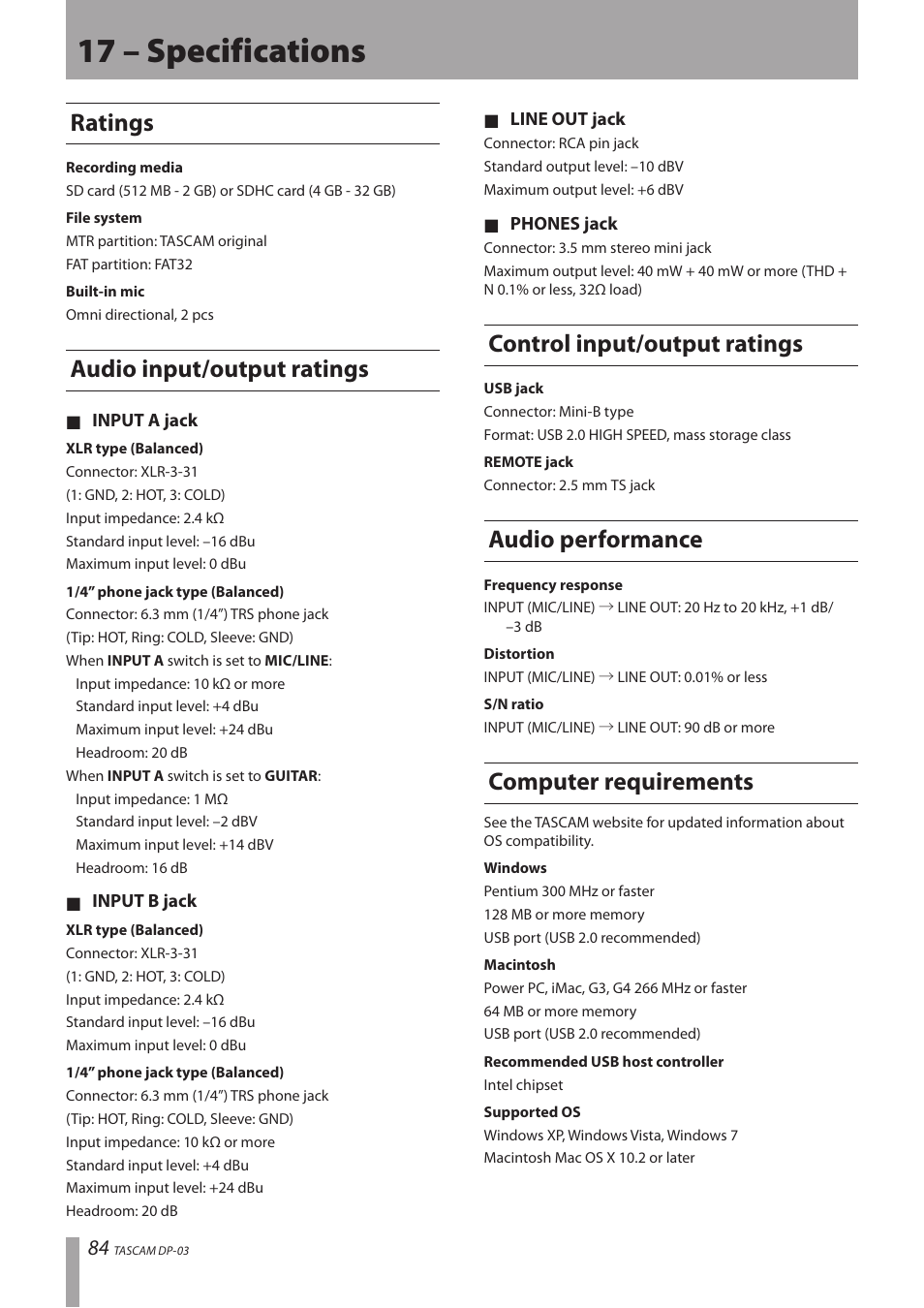 17 – specifications, Ratings, Audio input/output ratings | Control input/output ratings, Audio performance, Computer requirements | Teac DP-03 User Manual | Page 84 / 92