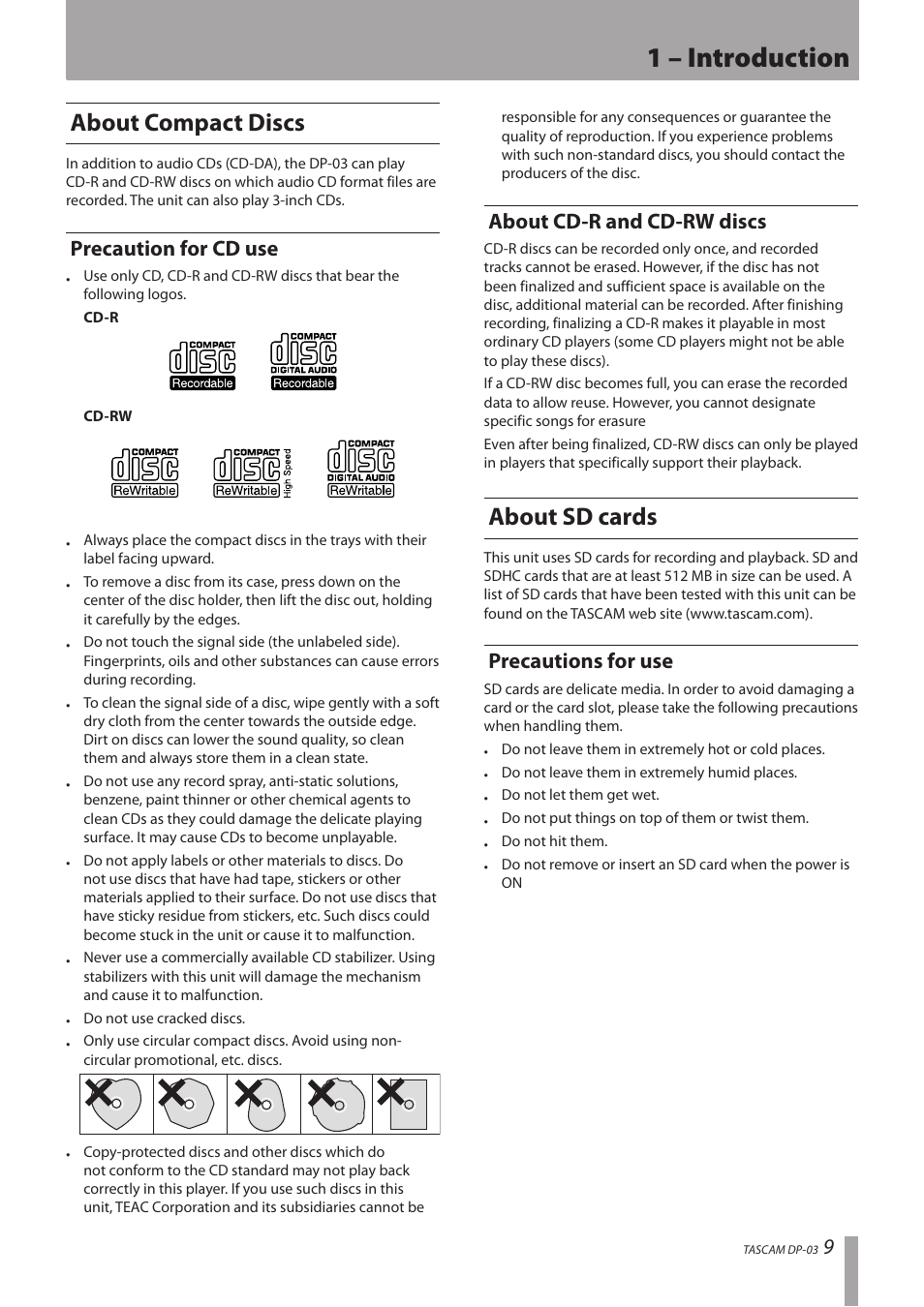 About compact discs, Precaution for cd use, About cd-r and cd-rw discs | About sd cards, Precautions for use, Precaution for cd use about cd-r and cd-rw discs, 1 – introduction | Teac DP-03 User Manual | Page 9 / 92