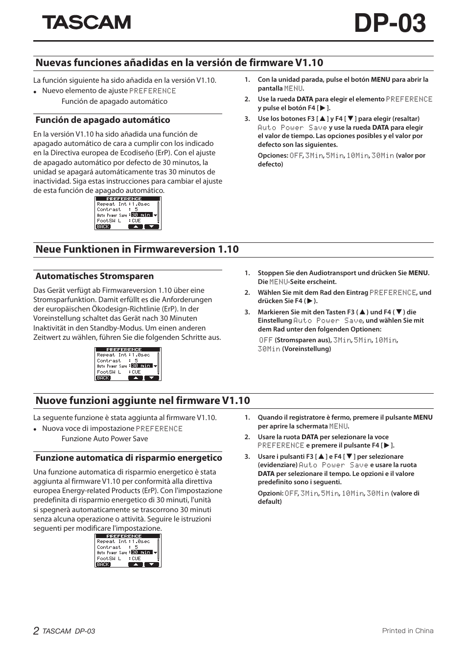 Dp-03, Neue funktionen in firmwareversion 1.10, Nuove funzioni aggiunte nel firmware v1.10 | Función de apagado automático, Automatisches stromsparen, Funzione automatica di risparmio energetico | Teac DP-03 Addendum User Manual | Page 2 / 2