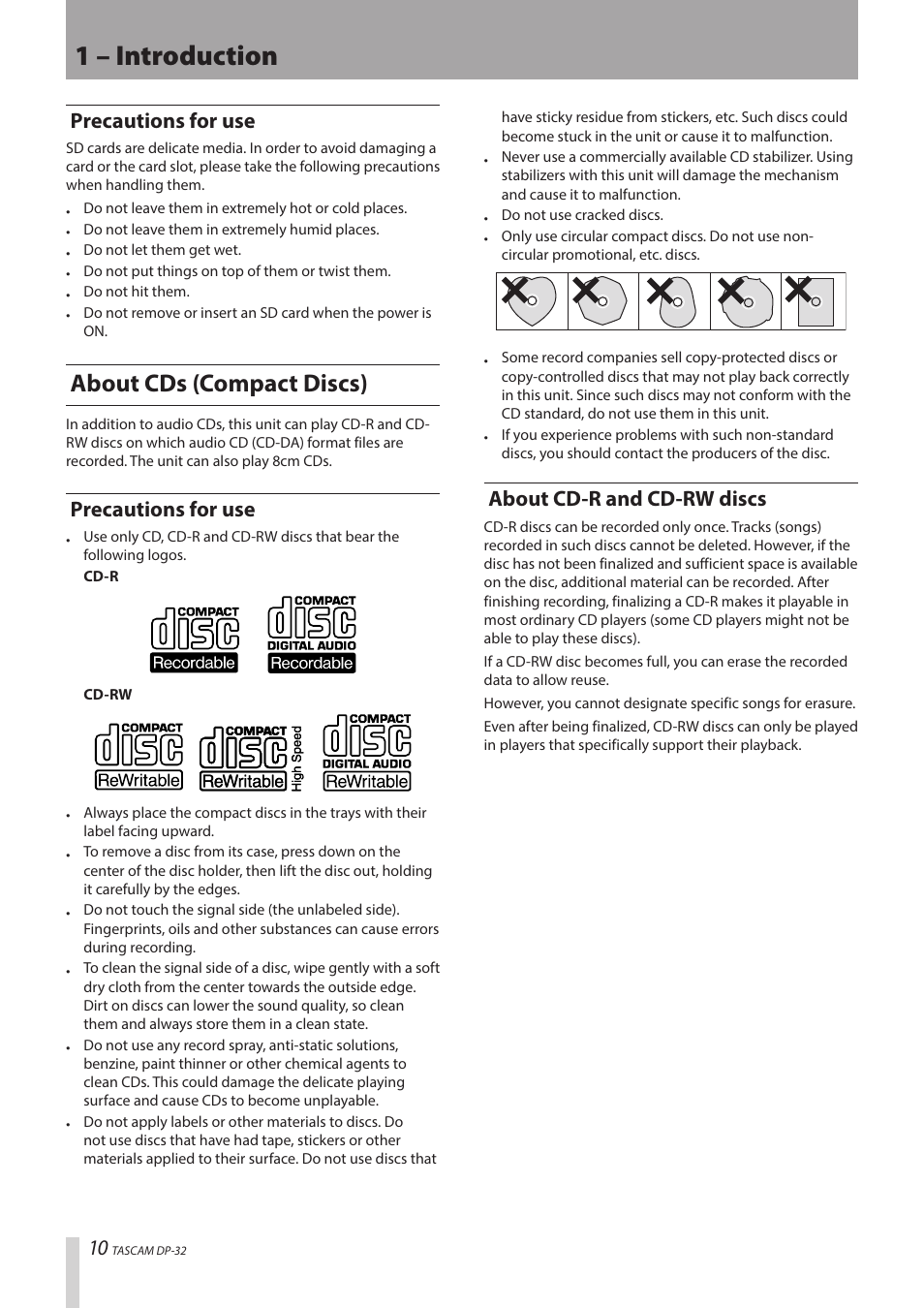 1 – introduction, About cds (compact discs), Precautions for use | About cd-r and cd-rw discs | Teac DP-32 User Manual | Page 10 / 104