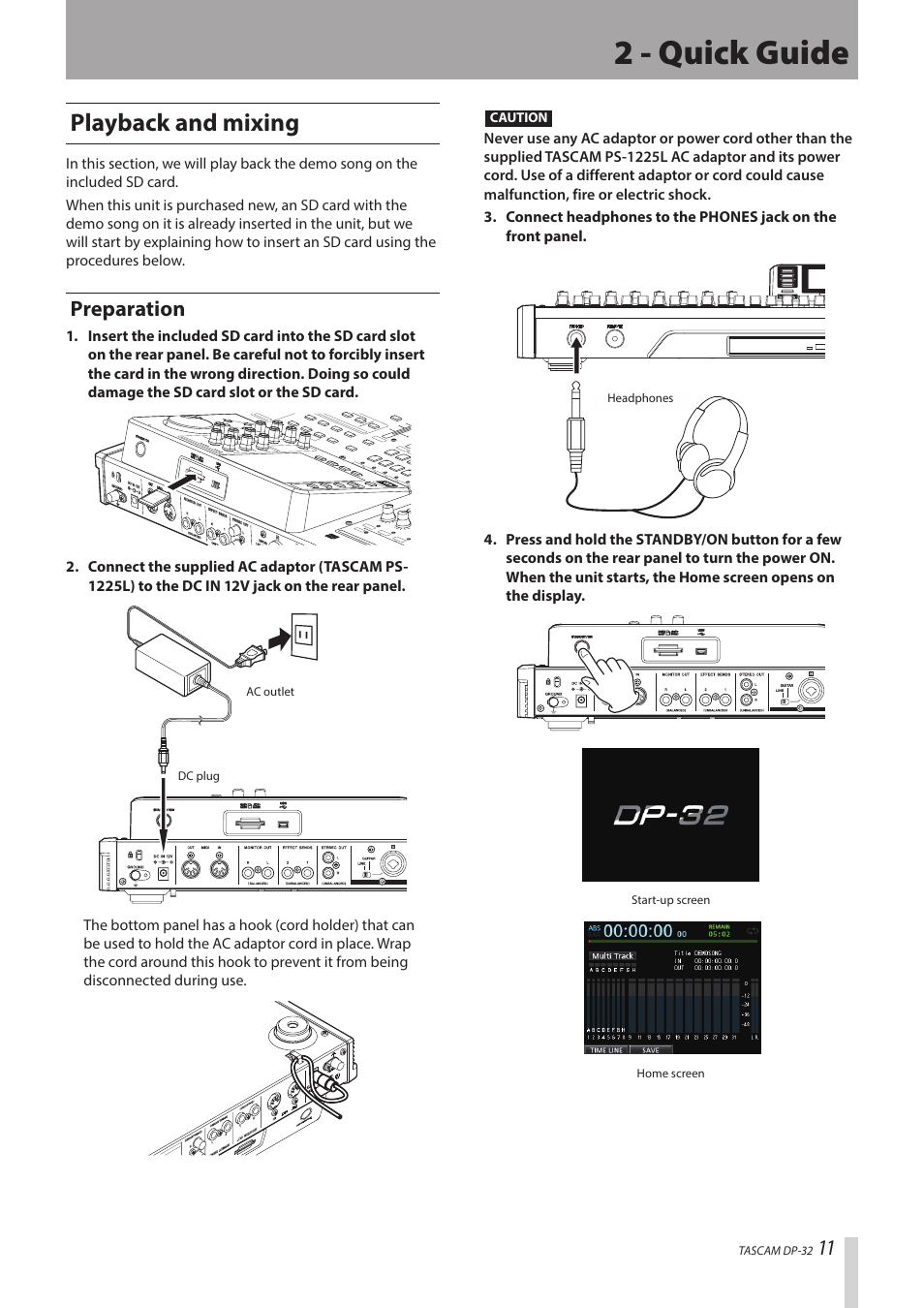 2 - quick guide, Playback and mixing, Preparation | Teac DP-32 User Manual | Page 11 / 104