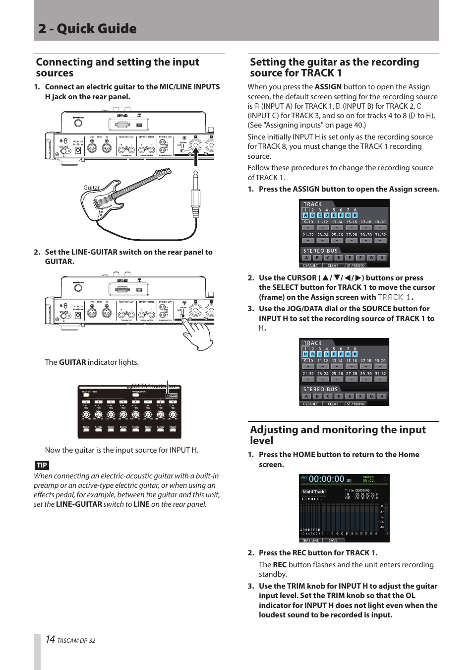 2 - quick guide, Connecting and setting the input sources, Adjusting and monitoring the input level | Teac DP-32 User Manual | Page 14 / 104