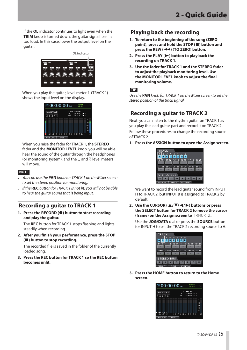 2 - quick guide, Recording a guitar to track 1, Playing back the recording | Recording a guitar to track 2 | Teac DP-32 User Manual | Page 15 / 104