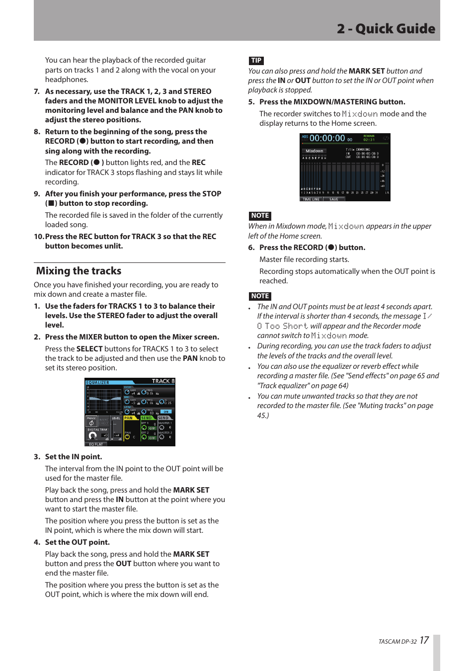 2 - quick guide, Mixing the tracks | Teac DP-32 User Manual | Page 17 / 104