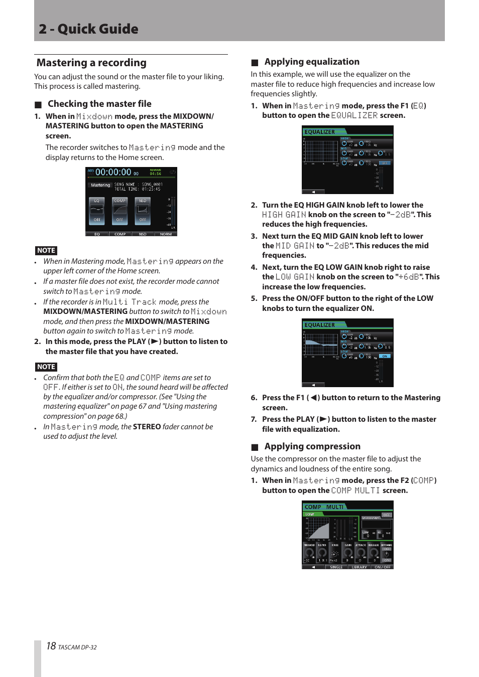 2 - quick guide, Mastering a recording | Teac DP-32 User Manual | Page 18 / 104