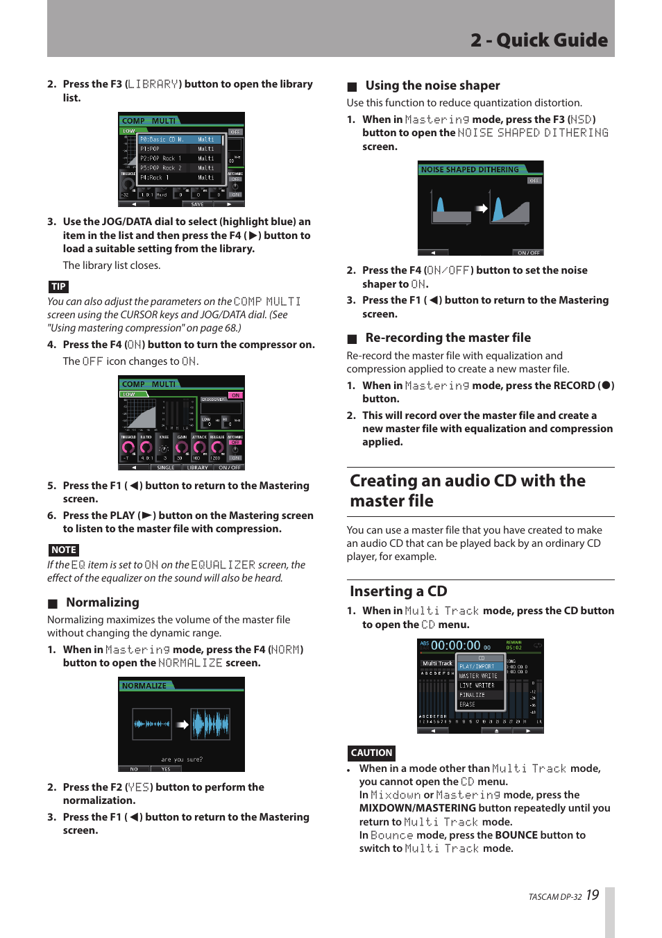 2 - quick guide, Creating an audio cd with the master file, Inserting a cd | Teac DP-32 User Manual | Page 19 / 104