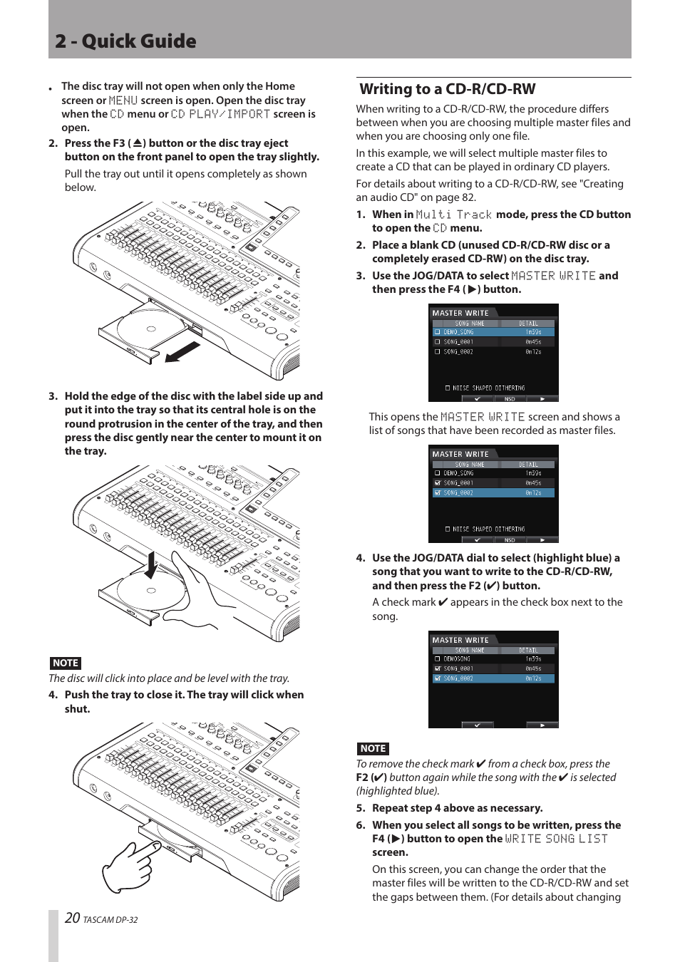 2 - quick guide, Writing to a cd-r/cd-rw | Teac DP-32 User Manual | Page 20 / 104