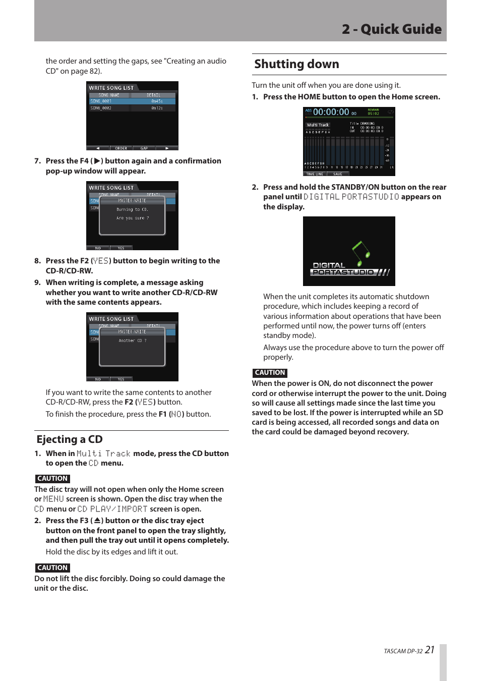 2 - quick guide, Shutting down, Ejecting a cd | Teac DP-32 User Manual | Page 21 / 104