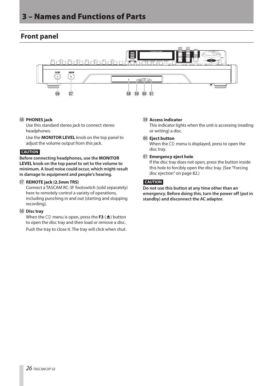 3 – names and functions of parts, Front panel | Teac DP-32 User Manual | Page 26 / 104