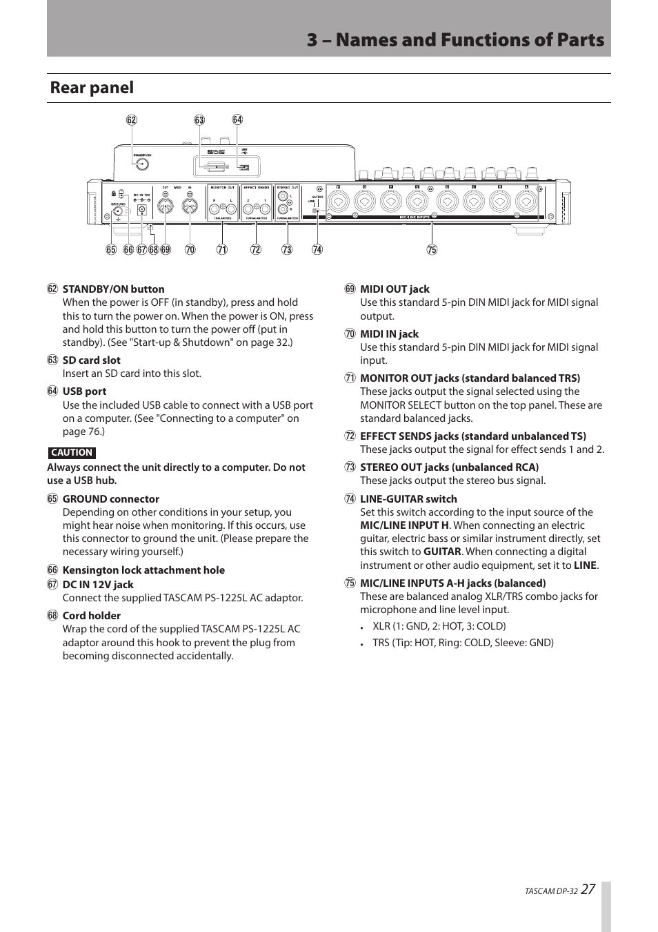 3 – names and functions of parts, Rear panel | Teac DP-32 User Manual | Page 27 / 104