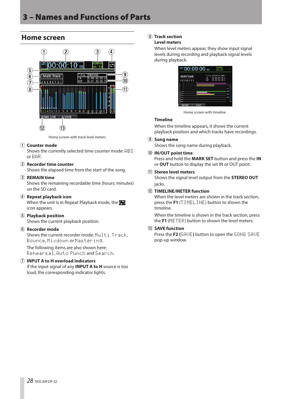 3 – names and functions of parts, Home screen | Teac DP-32 User Manual | Page 28 / 104